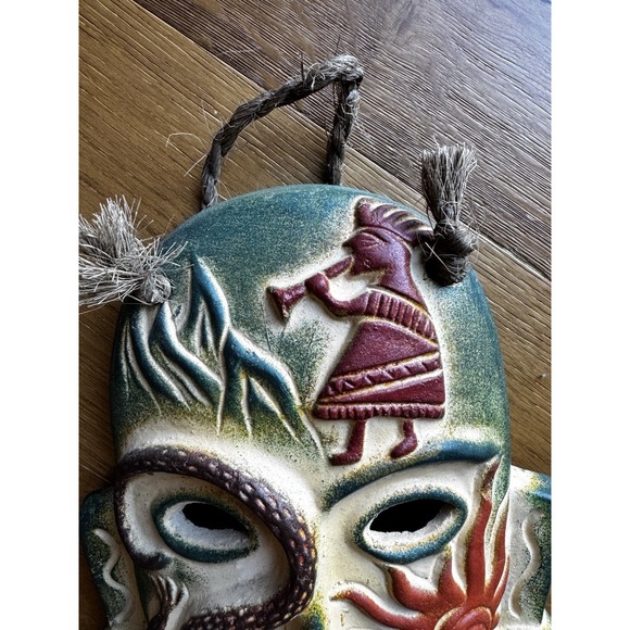 Vintage Mexican Folk‎ Art Clay Wall Mask Sun Lizard Jute Beads Guerrero/Tonala - Picture 8 of 13